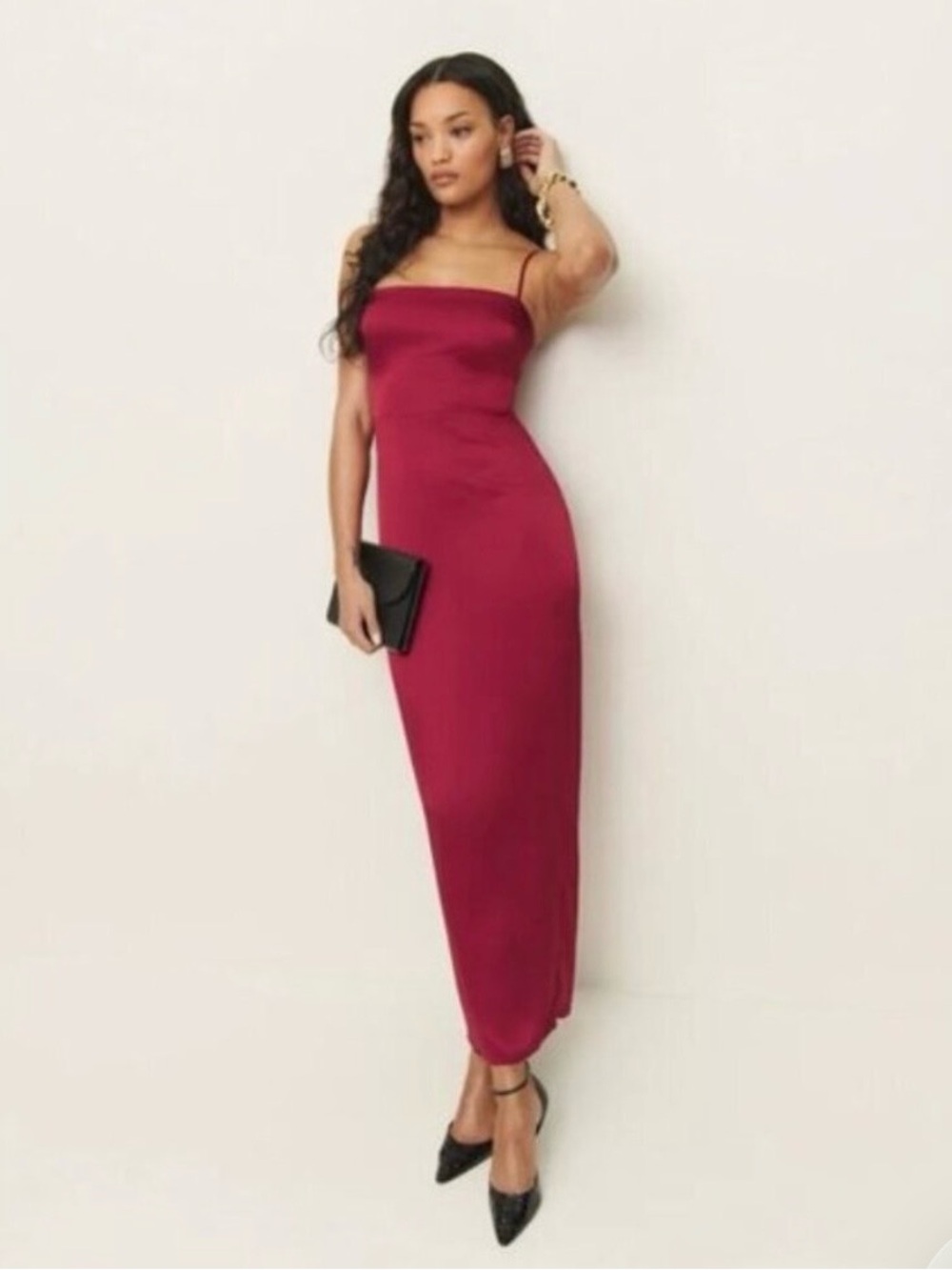 Reformation Frankie Satin Slip Maxi Dress in Rubies Red/Pink